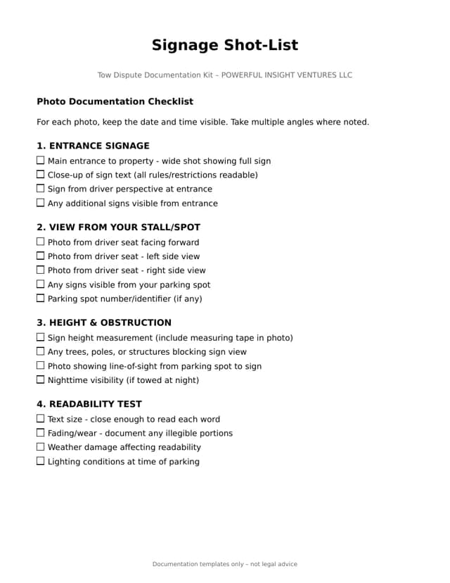 Signage shot list, page 1