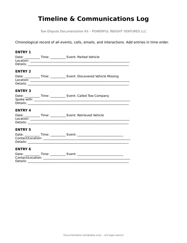 Timeline and communications log, page 1